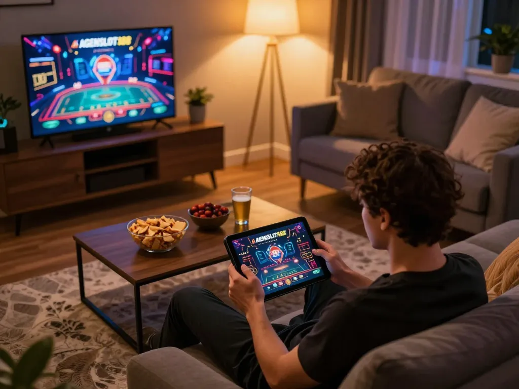 Player enjoying online casinos at home with forsythsundownerinn tablet gameplay in cozy setting.