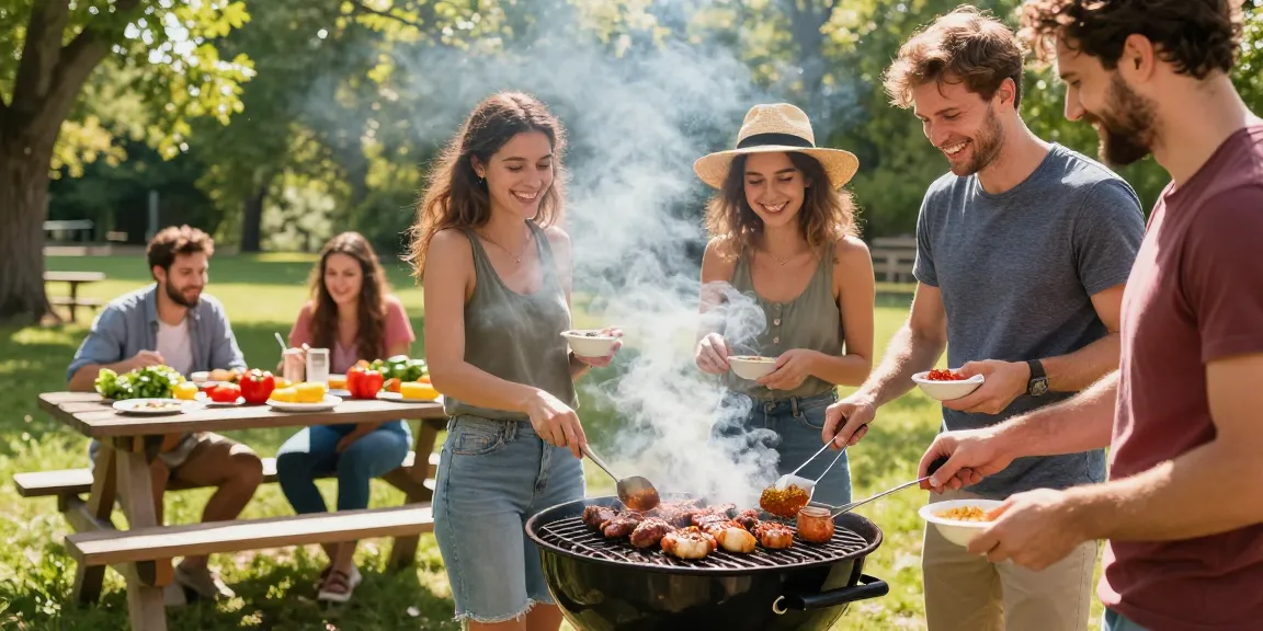 Kumpul barbekyu di luar ruangan, teman-teman memasak daging dan menyiapkan BOS88 Link Alternatif dengan suasana ceria.