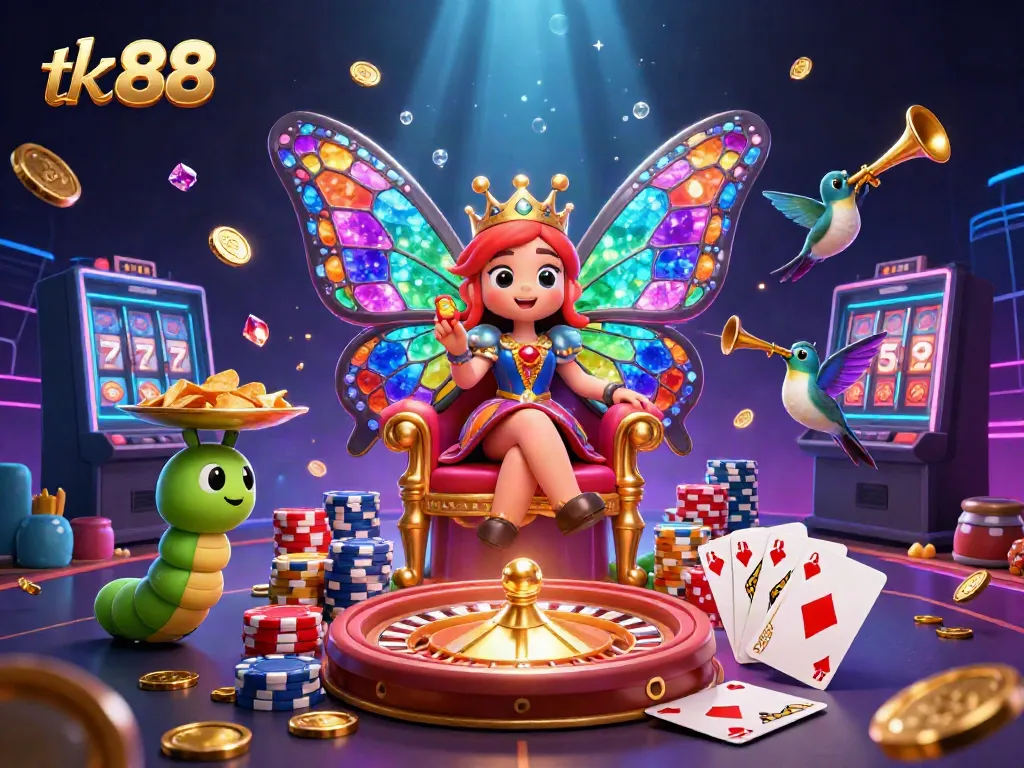 Engaging scene at tk 88 with a butterfly queen, chips, and sparkling gems enhancing the online gambling experience.