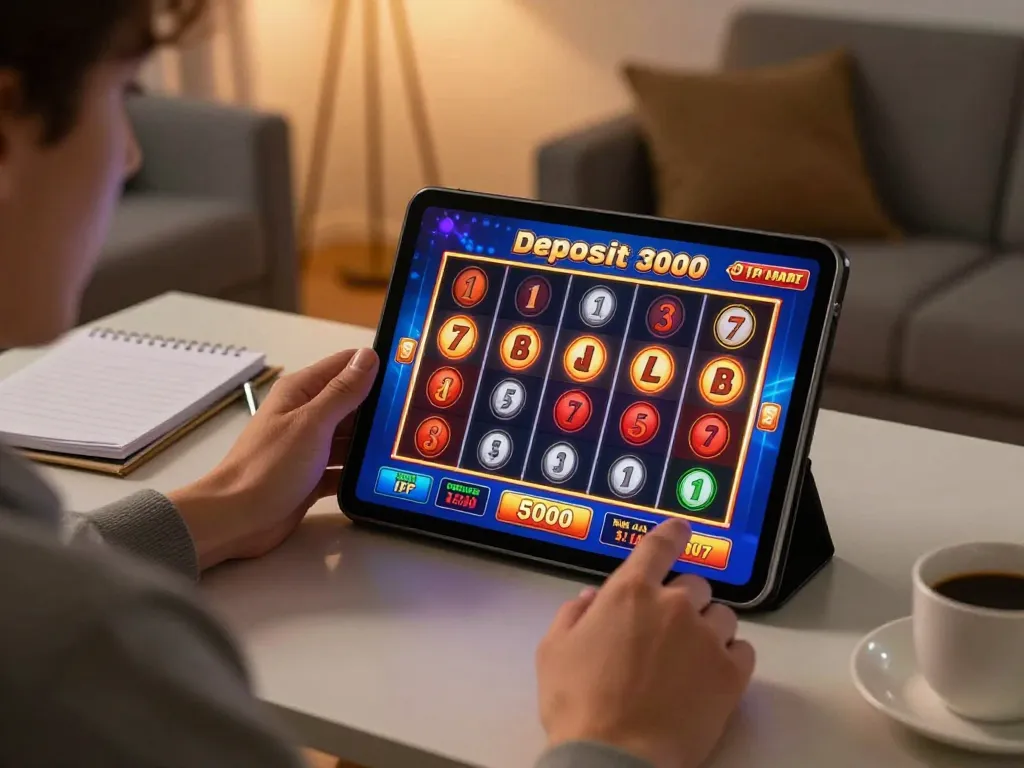 Pemain terlibat dalam sesi permainan slot deposit 5000 di tablet, dikelilingi oleh catatan dan secangkir kopi.
