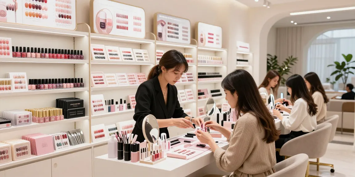 Suasana toko LUXURY12 menampilkan produk kuku mewah dan konsultan kecantikan yang membantu pelanggan.