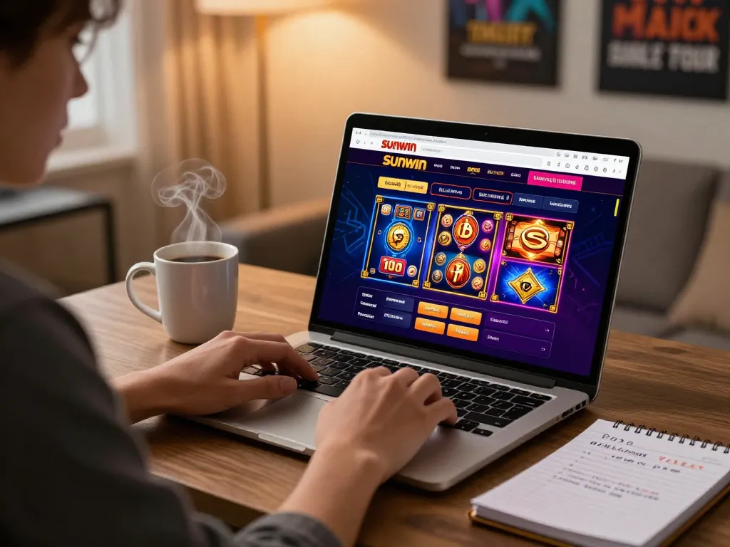 Player engaging with Sunwin online slot games in a cozy home office setting