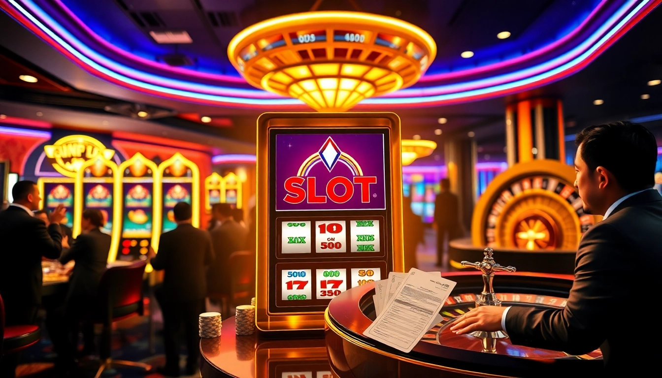 Experience thrilling slot deposit pulsa telkomsel action with vibrant casino lighting and sleek slot machines.