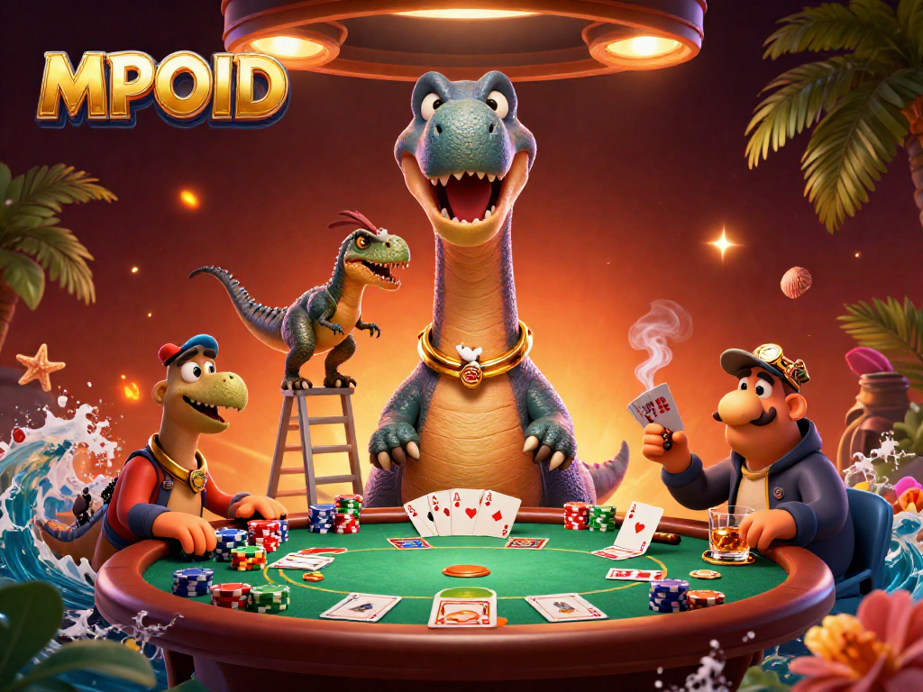 Engage with MPOID's lively casino scene featuring a playful brontosaurus and raptor dealing cards.