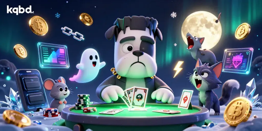 Experience the thrill of kqbd net with a lively 3D casino illustration featuring a Frankenstein bulldog dealing cards.