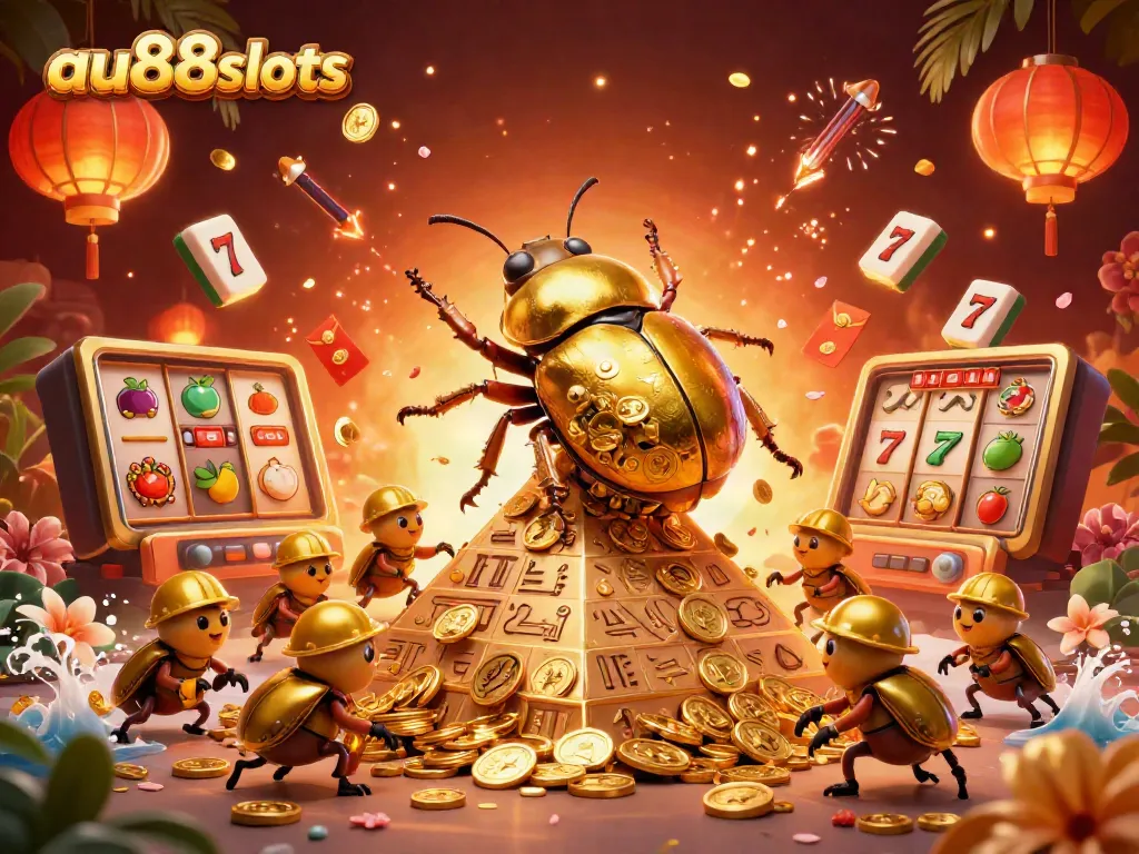 Experience the excitement of au88slots with a vibrant scene featuring golden beetles and casino symbols.