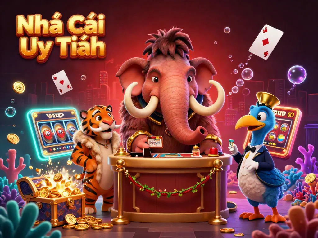 Experience thrilling gaming at Nhà Cái Uy Tín with a dynamic scene of cartoon characters representing a vibrant casino atmosphere.