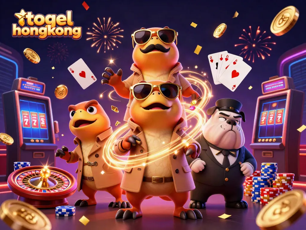 Togel hongkong: Tiga raptor dalam trench coat mencoba memasuki lounge VIP kasino, dipenuhi koin emas dan efek cahaya.