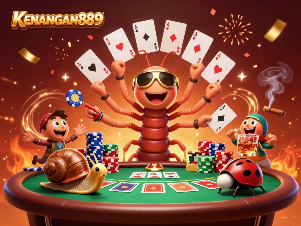 Experience the excitement of KENANGAN889 with a dynamic casino scene showcasing a millipede dealer and whimsical characters.