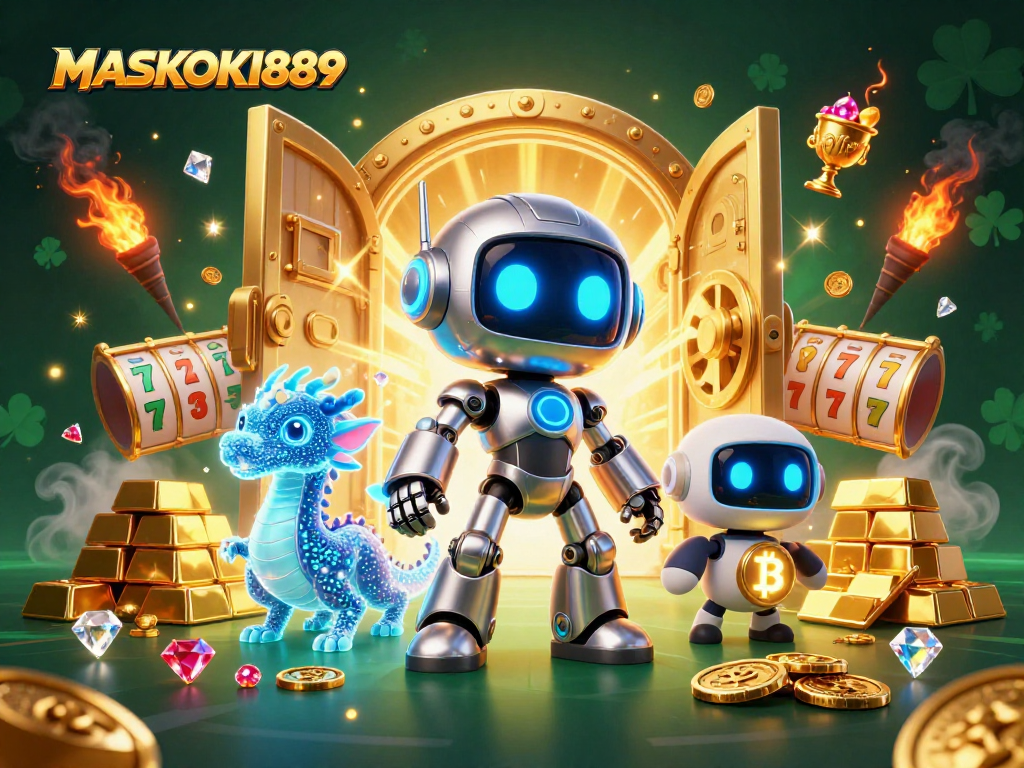 Experience the thrill of MASKOKI889 with vibrant characters and dazzling casino elements.