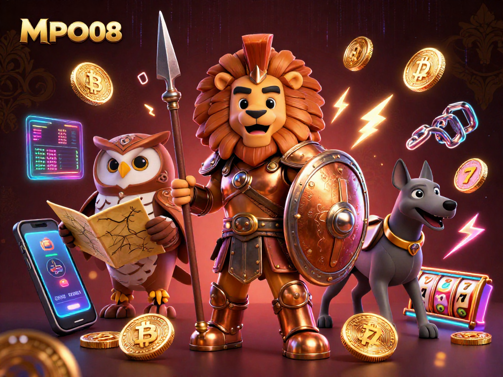 MPO08 showcases an engaging 3D scene with a Spartan lion, owl, and greyhound among glowing crypto coins.