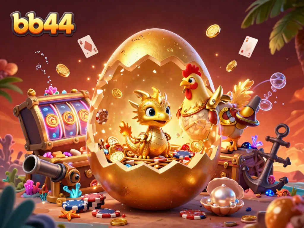 Experience the excitement of bb44 with a golden dragon, poker chips, and glowing slot reels.