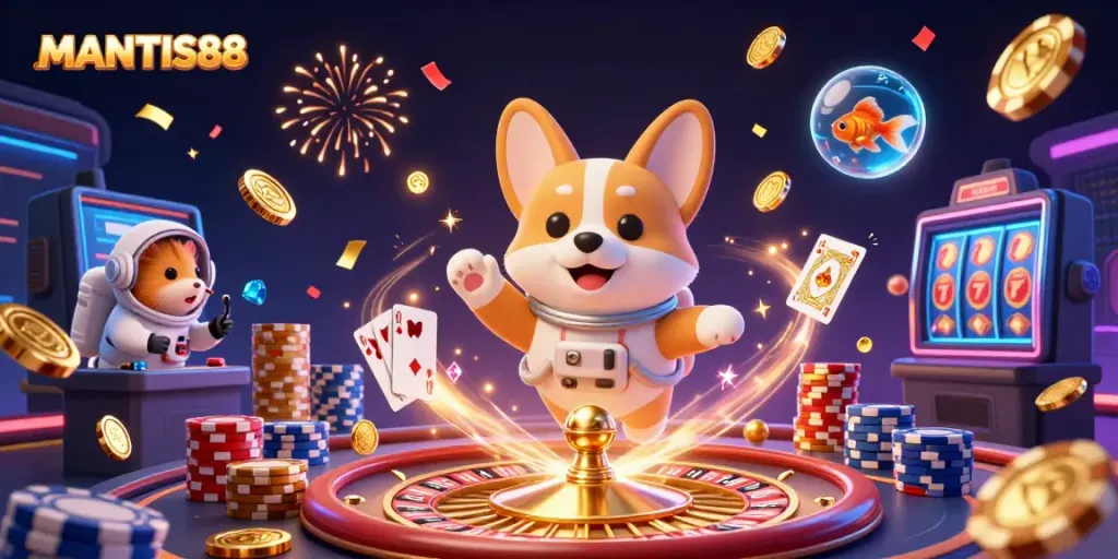 MANTIS88 platform celebration with a floating astronaut corgi and gaming action in a colorful casino.
