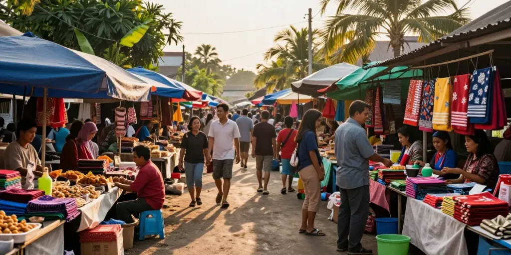 Pasar tradisional penuh warna dengan orang-orang berinteraksi dan menikmati suasana dewitogel.