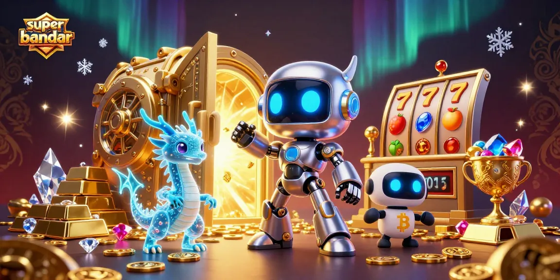 Superbandar merayakan kemenangan jackpot dengan robot futuristik, harta karun, dan slot yang berkilauan.