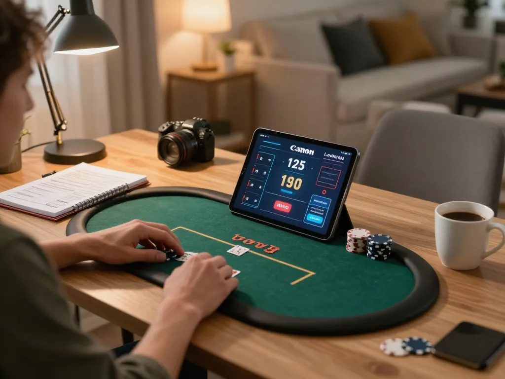 Engaged player at home using tablet for online gambling on Trang chủ GG88, showcasing a cozy and strategic gaming environment.