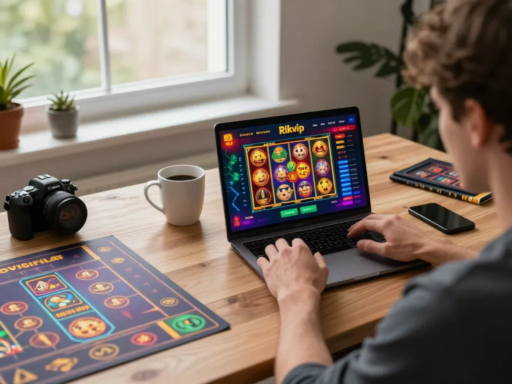 Player engaging with Rikvip app for vibrant online gaming experience at home.