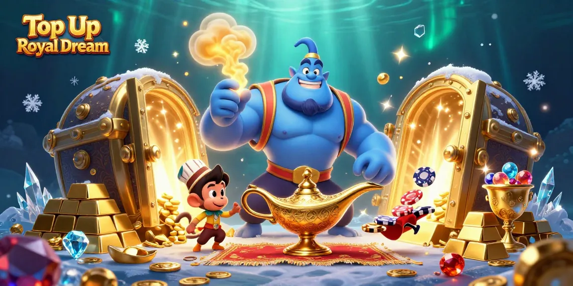 Engage with Top Up Royal Dream as a genie emerges, surrounded by treasures and poker chips.