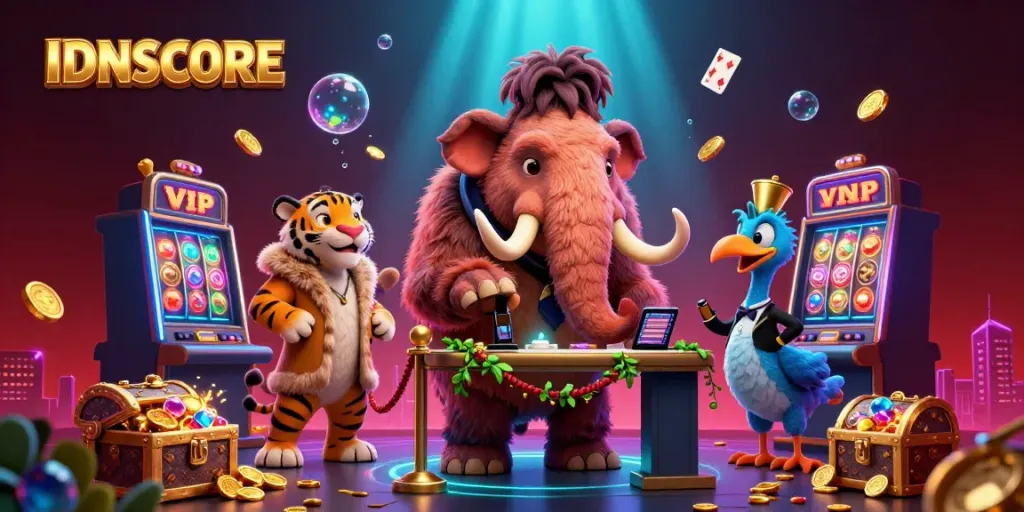 Experience IDNSCORE with a vibrant casino scene featuring dynamic 3D characters and colorful game elements.