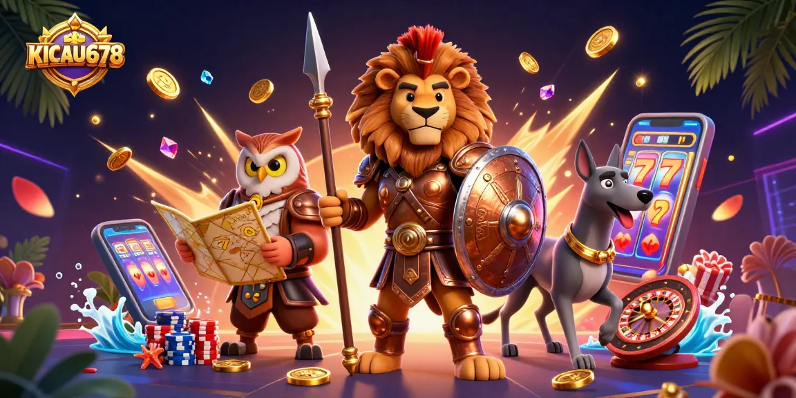 KICAU678 showcases a vibrant 3D casino scene with a Spartan lion, tactical owl, and greyhound amidst cascading coins and a spinning roulette.