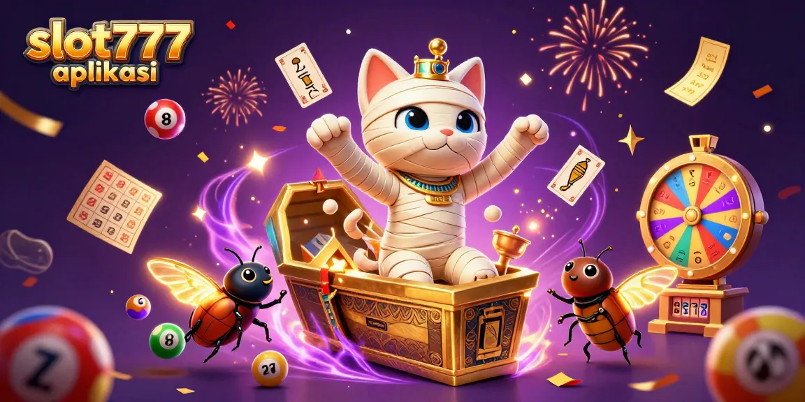 Experience the excitement of slot777 aplikasi with a vivid scene of a mummy cat in a pyramid casino.