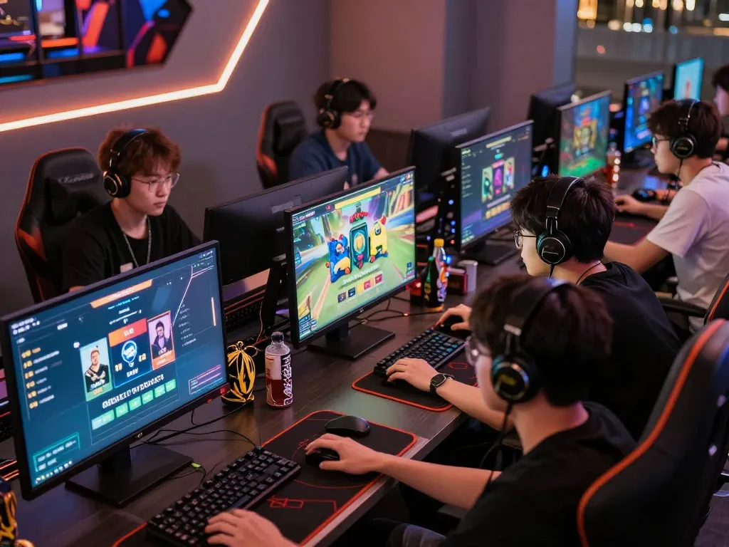 Engaged players strategizing during QQSLOT login at a modern online gaming setup with vibrant LED lighting