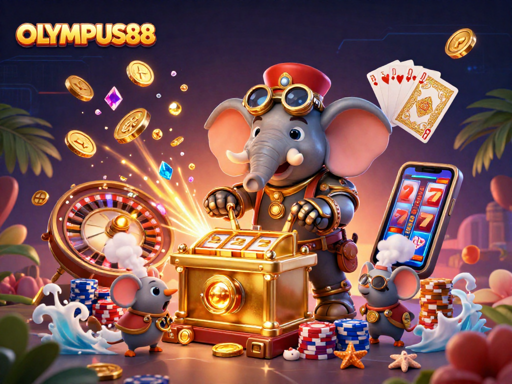 Experience thrilling gameplay with OLYMPUS88's vibrant slots, showcasing rich rewards in 3D illustration.