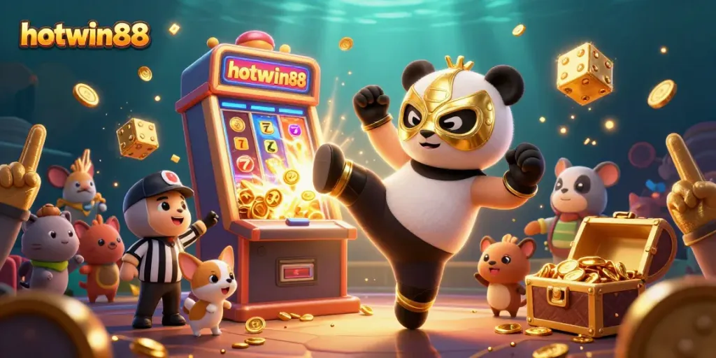 Join the excitement at hotwin88 with animated panda and chihuahua as slots explode with rewards!