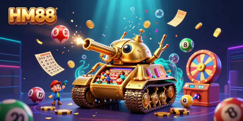 Engage in excitement at HM88 with a 3D casino scene featuring a golden tank revealing a miniature casino.