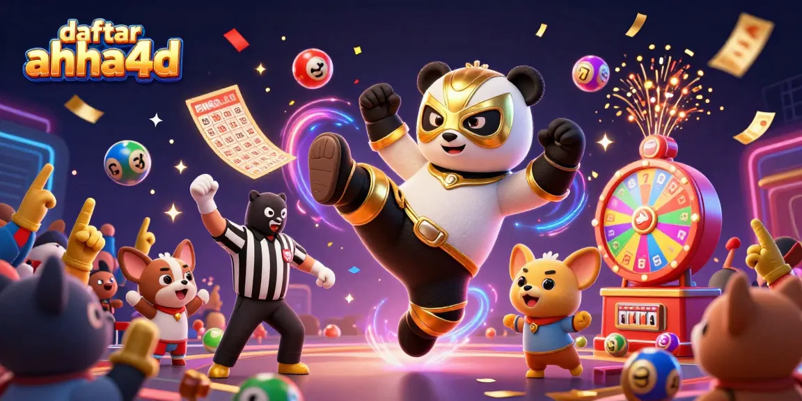 Daftar ahha4d dengan panda pejuang dan bola lotere meriah dalam ilustrasi 3D yang dinamis.