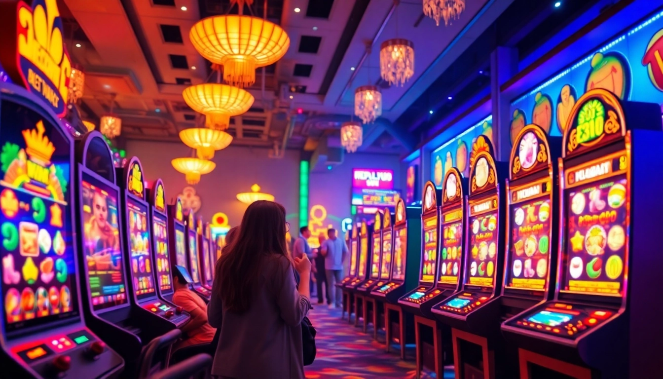Exciting online slot gaming scene with WONPLAY903, showcasing colorful slot machines and players celebrating wins.
