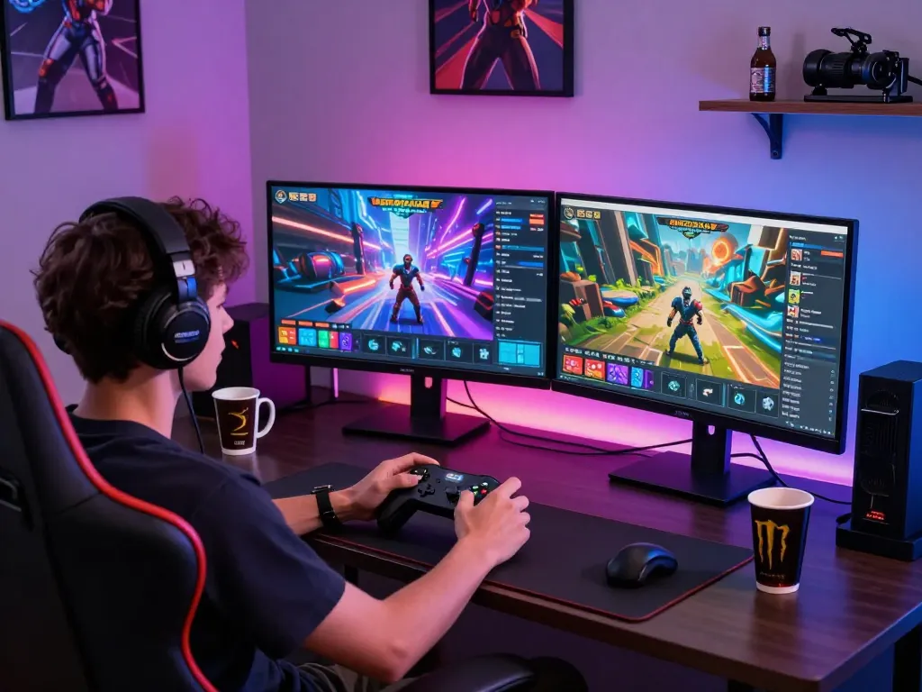 Exciting scene of a gamer engaged with MERDEKA88 game, showcasing dynamic graphics and gaming setup.