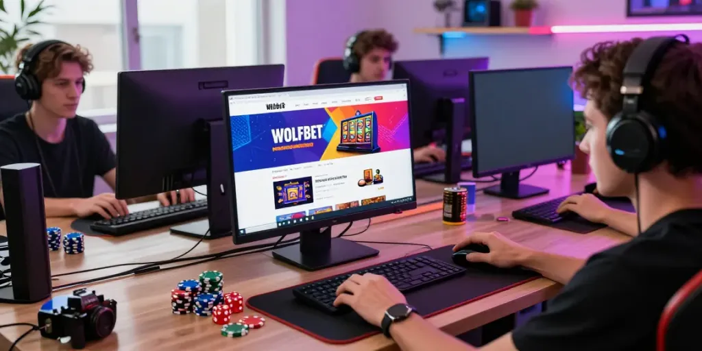 The Wolfbet Promotions Page displayed on a laptop, showcasing vibrant online gaming promotions.