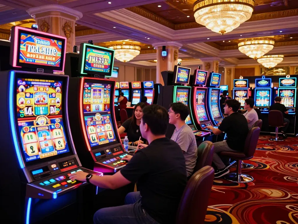 Players enjoying vibrant slot games at tg88 casino, with colorful machines and exciting atmosphere