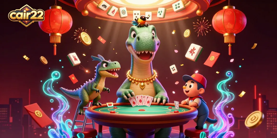 Cair22 casino illustration with a brontosaurus and clever raptor creating a festive gaming atmosphere.