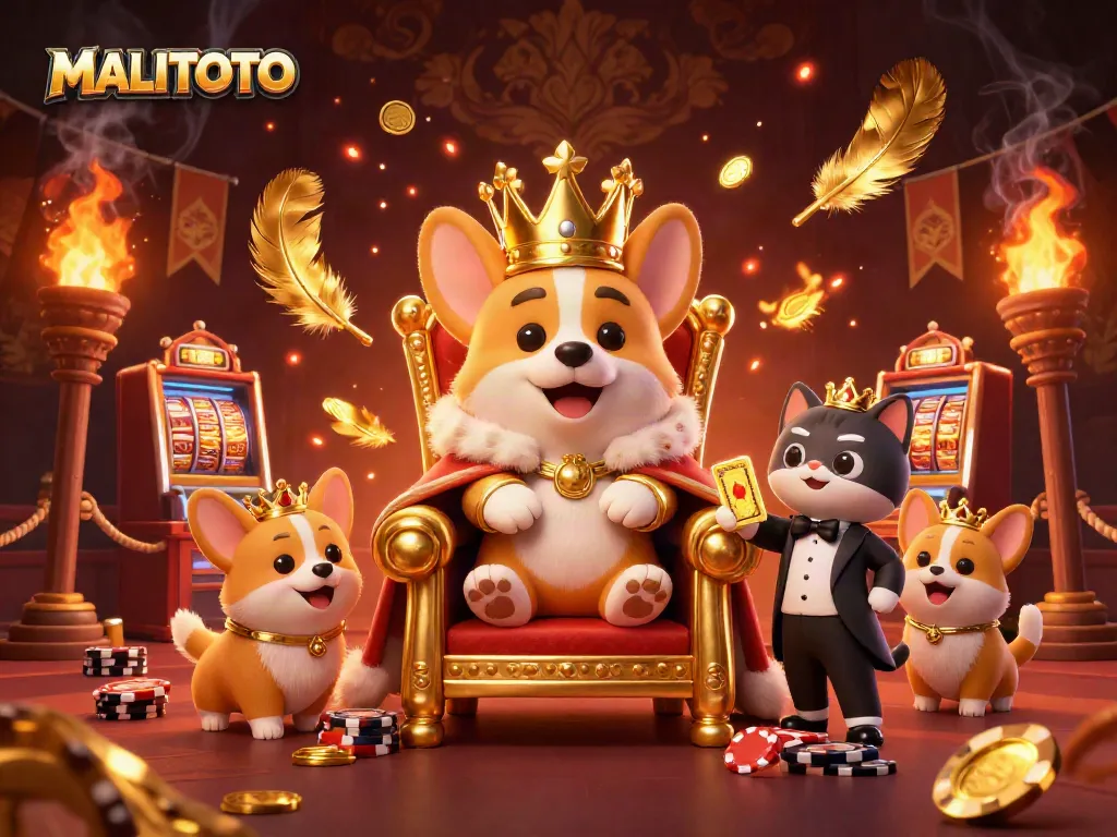 MALITOTO features a royal corgi on a throne of poker chips in a vibrant casino scene.