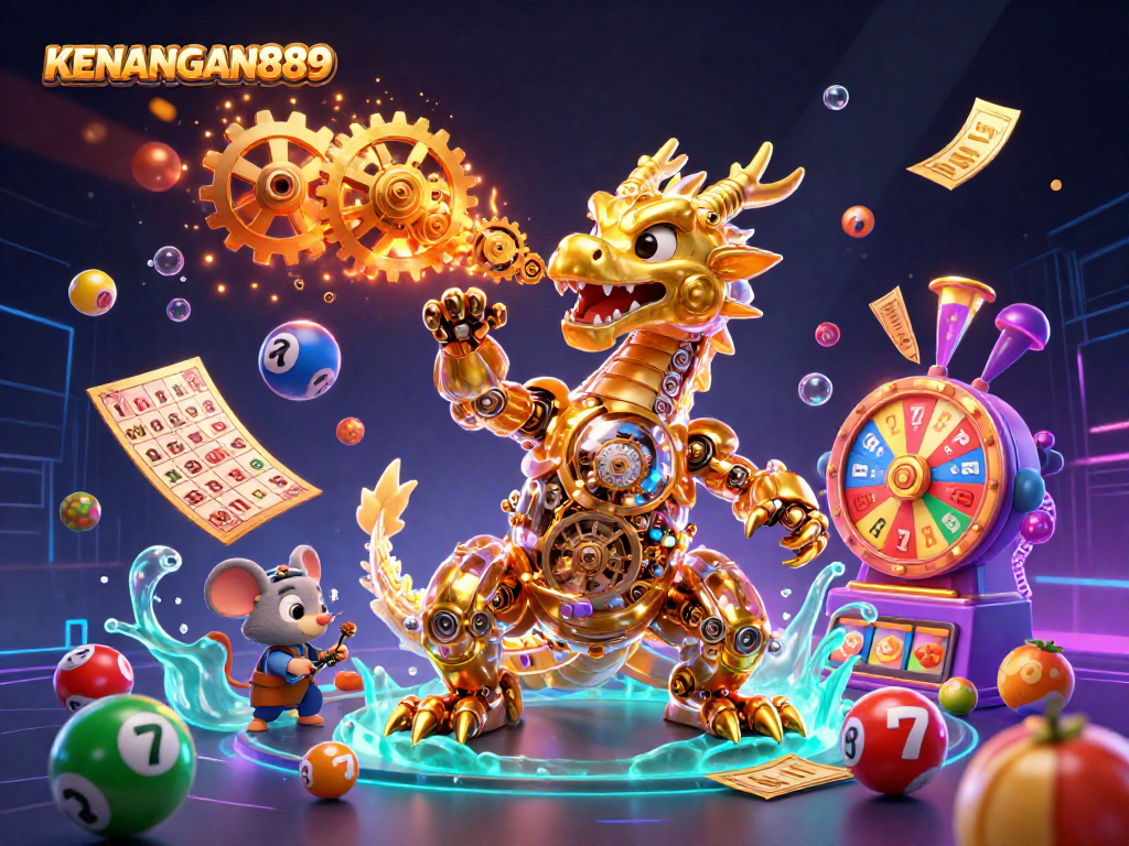 Experience the thrill of winning at KENANGAN889 with vibrant slot elements and colorful lotto balls amidst a dynamic casino scene.