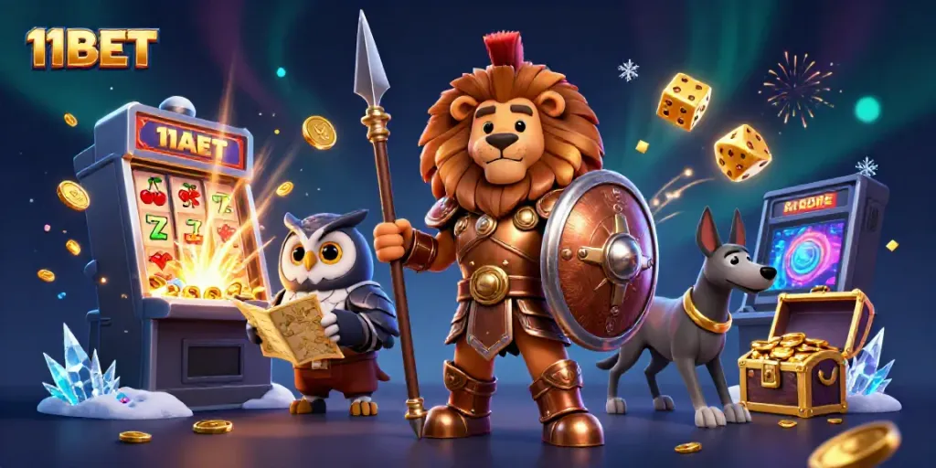 Play thrilling games at 11BET with vibrant characters and a jackpot scene exploding with coins.