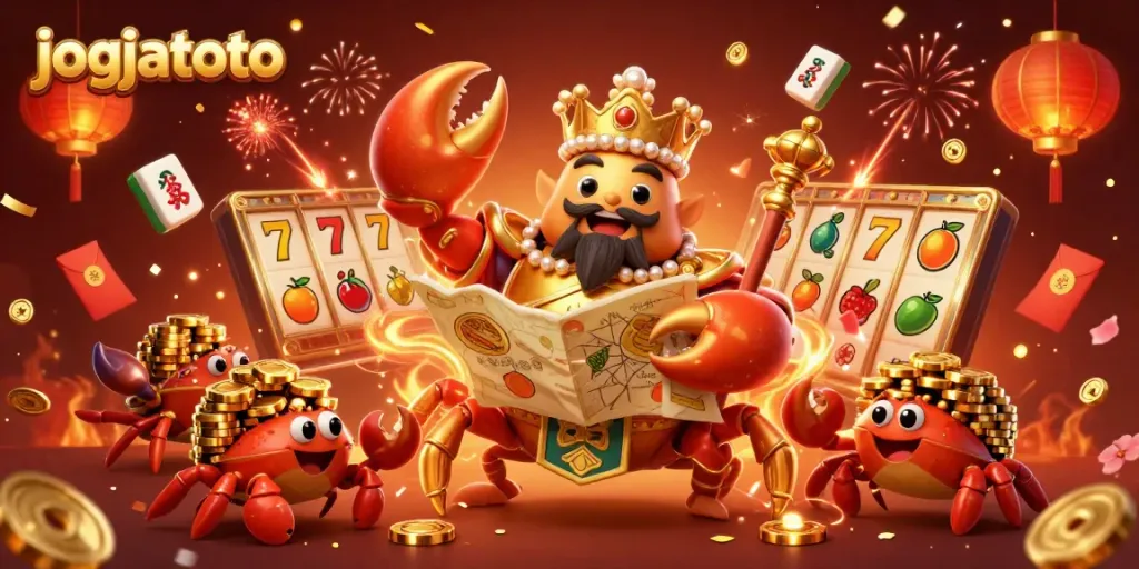 Engage with jogjatoto’s lively casino scene featuring a golden crab emperor amidst slot machines.