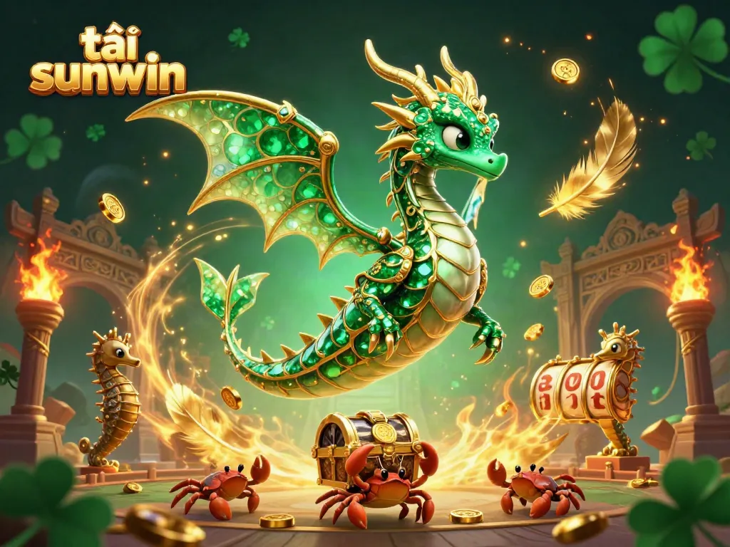 Experience the magic of tải sunwin with a vibrant illustration showcasing a whimsical sea dragon and gaming elements.