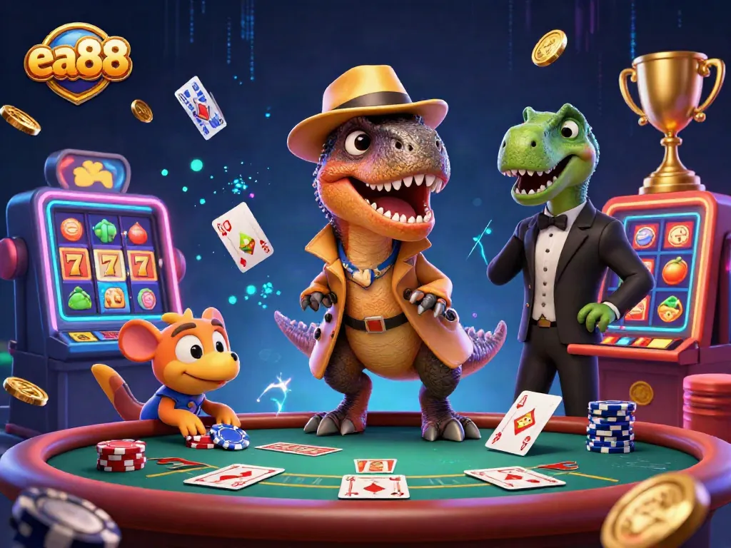 ea88 card counter velociraptor with casino elements winning at blackjack, surrounded by animated poker chips and lucky symbols