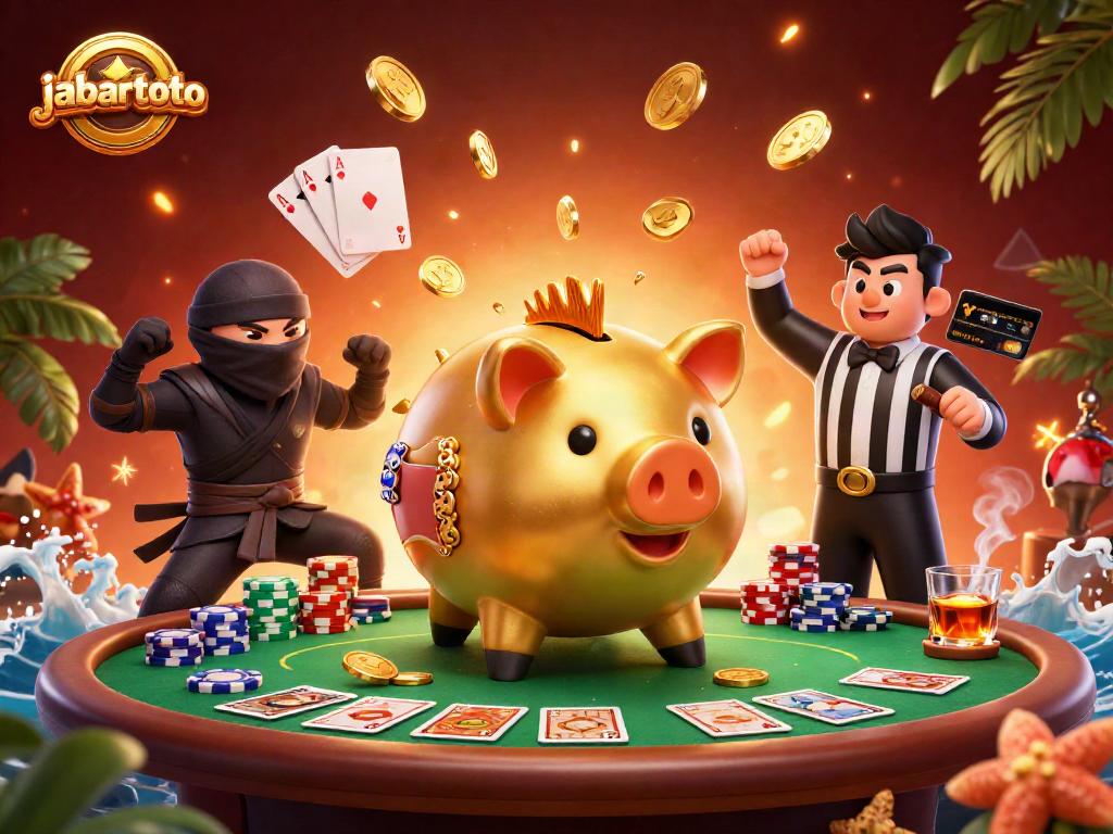 Jabartoto menguasai meja poker dengan piggy bank sumo yang besar dan ninja dompet dalam aksi kemenangan.