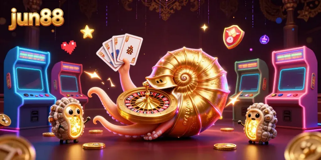 Experience thrilling gameplay at jun88 with a vibrant 3D casino scene featuring a giant nautilus and glowing arcade elements.