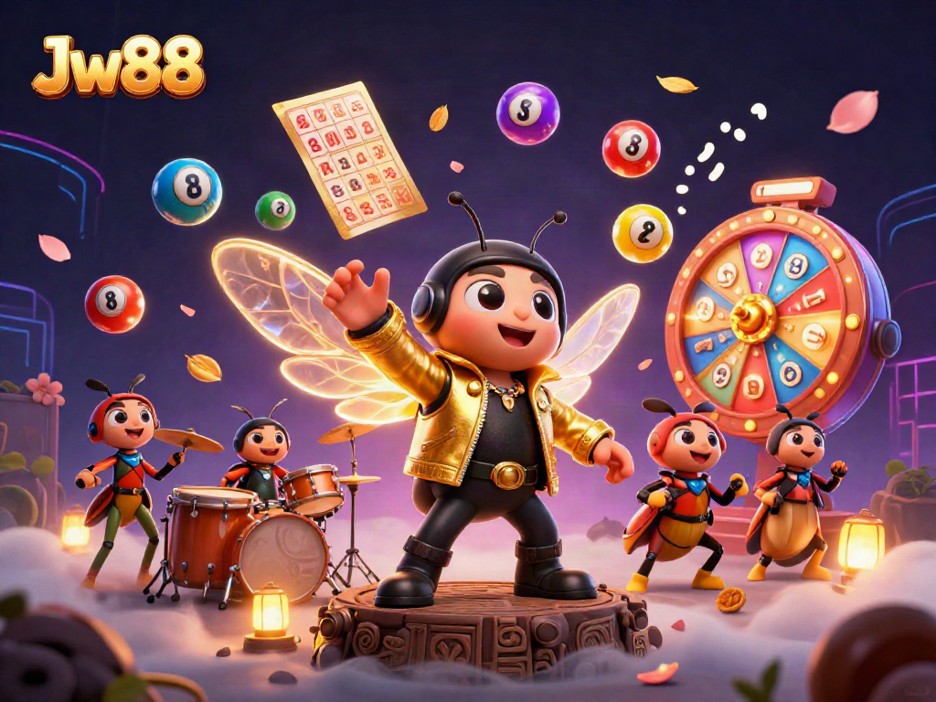 Experience exciting Jw88 casino gameplay with vibrant characters, slot reels, and dynamic prize elements.