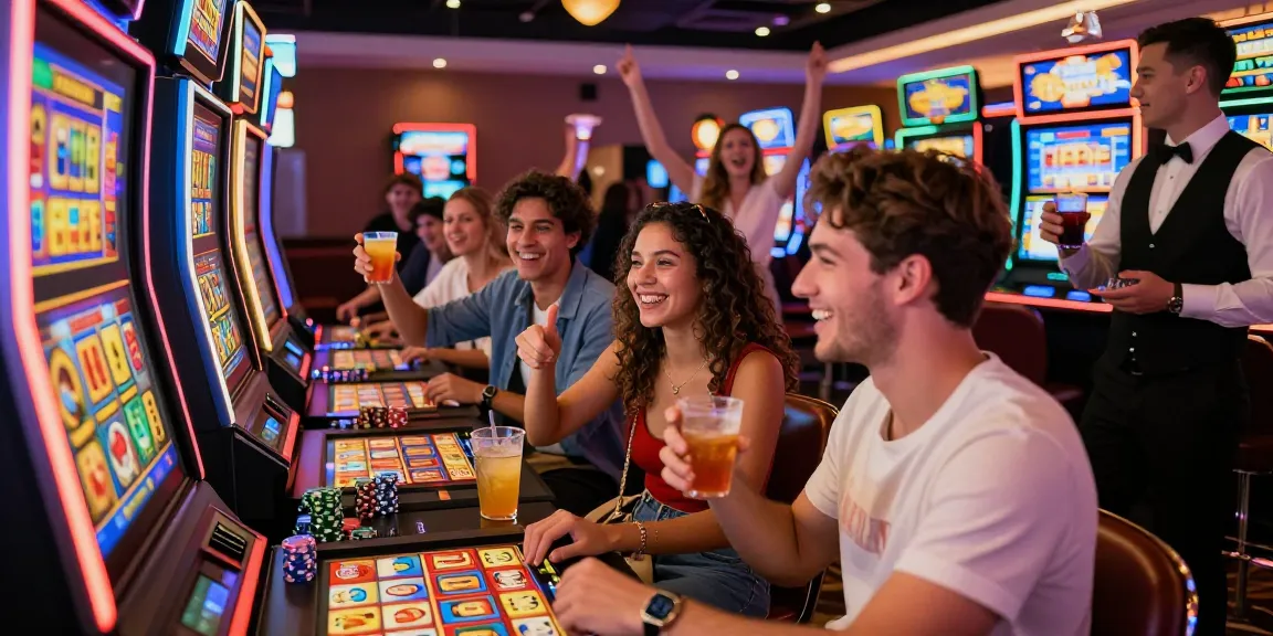 Excited group playing slot gacor machines in a lively casino atmosphere