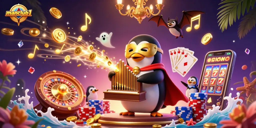 Engage with manclub1's thrilling casino adventures featuring a spectacular golden coin organ performance.