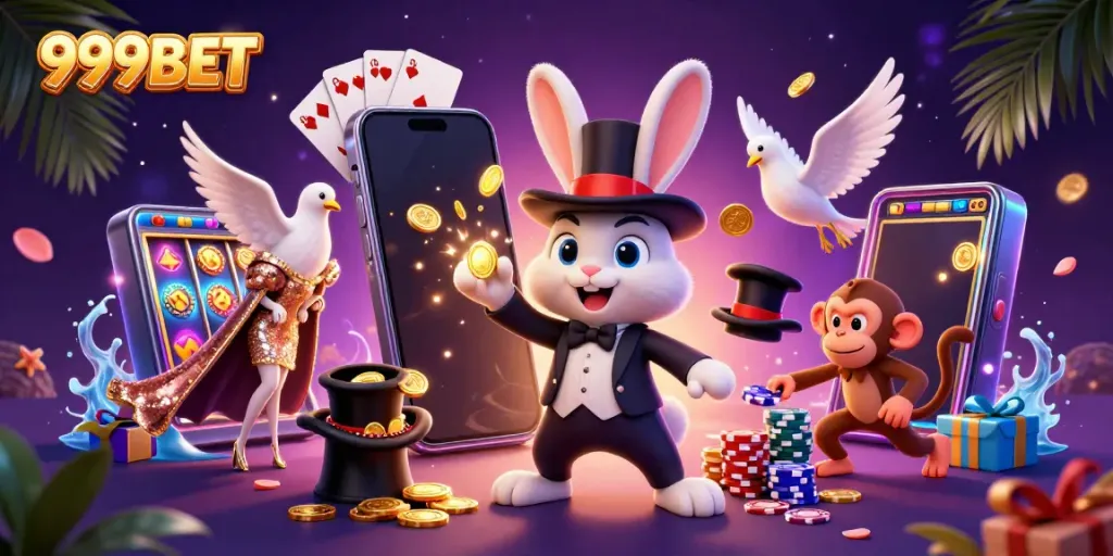 Experience the magic of 999BET with a dazzling scene of a magician rabbit, dove, and monkey showcasing casino excitement.