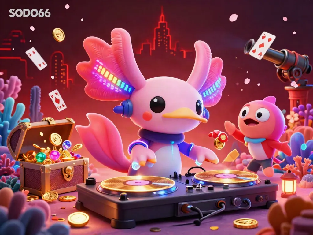 Experience vibrant underwater fun with SODO66 as an axolotl DJ spins tracks amid radiant coral and treasure.