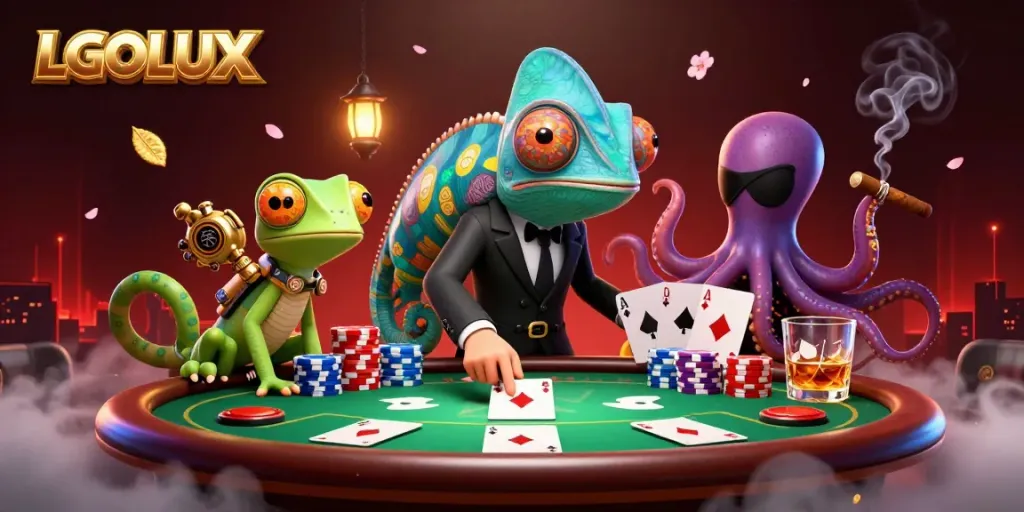 Engage and win big with LGOLUX at a vibrant poker table showcasing colorful chips and cards.