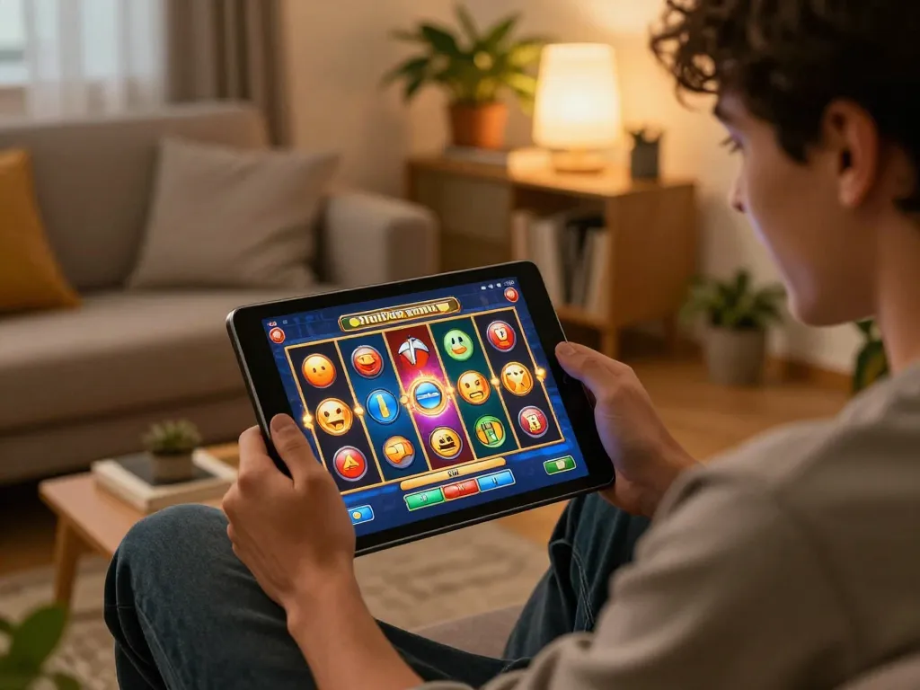 Engaging with a slot game on a tablet in a cozy home atmosphere.